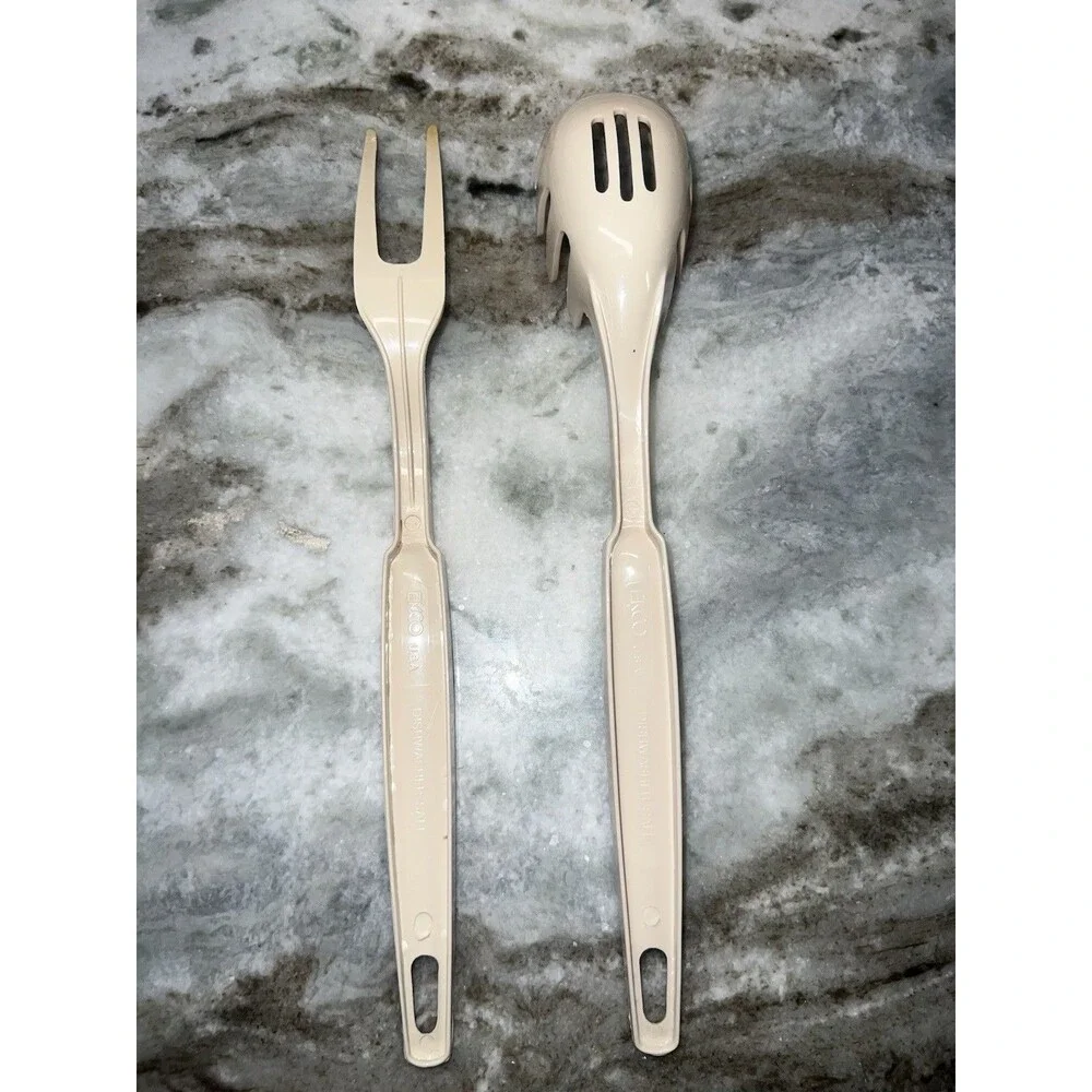 Vintage EKCO Pasta Fork Slotted Spoon 11” Beige Nylon  & Bonus Meat Fork Utensil